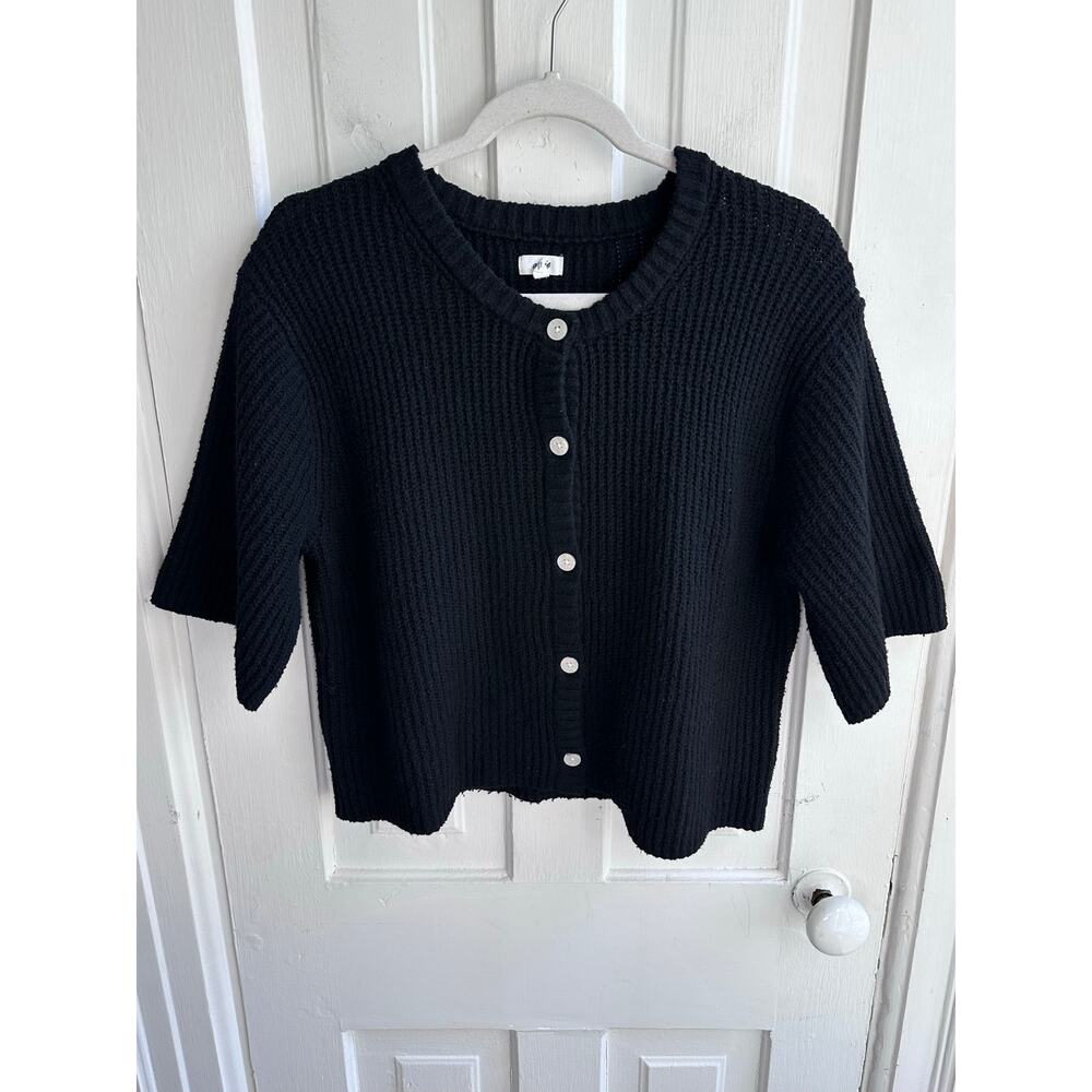 Aerie Black Ribbed Cropped Cardigan | Button Front Short Sleeve Sweater - Picture 2 of 8